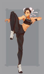 Rule 34 | 1girl, abs, absurdres, armpits, bare shoulders, breasts, brown eyes, brown hair, bun cover, capcom, chun-li, collarbone, double bun, fighting stance, full body, grey background, highres, knee up, leg up, looking to the side, medium breasts, muscular, muscular female, navel, open hands, pants, parted lips, ray (nagaseray), sideboob, simple background, smile, solo, sports bra, standing, stomach, street fighter, tiptoes, toned, wristband, yoga pants