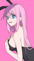 Rule 34 | 1girl, :d, @ @, animal ears, bare shoulders, blue eyes, blush, bocchi the rock!, breasts, cleavage, gotoh hitori, hand on own chest, highres, hikentai0112, leotard, long hair, looking at viewer, medium breasts, open mouth, pink background, pink hair, playboy bunny, rabbit ears, sideboob, simple background, smile, solo, sweatdrop