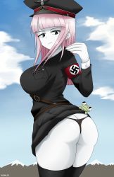 Rule 34 | 1girl, 1other, ass, assisted exposure, blossom hope, breasts, butt crack, clothes lift, dress, dress lift, frog, from behind, hat, highres, kawakami sakura, large breasts, long hair, looking back, looking down, military, military uniform, nazi, pepe (blossom hope), pink hair, shiny skin, sideboob, smile, thick thighs, thighhighs, thighs, thong, uniform, woomler