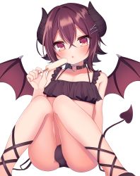 Rule 34 | 1boy, absurdres, blush, bulge, crossdressing, demon horns, demon tail, demon wings, food, highres, horns, looking at viewer, male focus, medium hair, original, popsicle, solo, tail, trap, white background, wings, zenchi (061799)