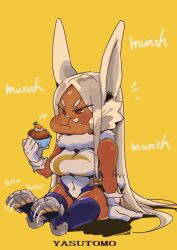Rule 34 | 1girl, :3, absurdres, animal ears, artist name, bare shoulders, blush, boku no hero academia, breasts, chibi, covered navel, crescent print, dark-skinned female, dark skin, eating, food, full body, fur collar, gloves, highres, holding, holding food, large breasts, leotard, long eyelashes, long hair, looking at object, mirko, muffin, parted bangs, puffy cheeks, purple thighhighs, rabbit ears, rabbit girl, rabbit tail, red eyes, sitting, sleeveless turtleneck leotard, solo, sound effects, tail, taut leotard, thighhighs, thighs, very long hair, white gloves, white hair, white leotard, yasutomo! (akuasky), yellow background