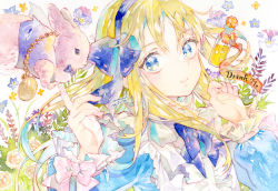 Rule 34 | 1girl, alice (alice in wonderland), alice in wonderland, animal, apron, blonde hair, blue bow, blue dress, blue eyes, blue hairband, blue vest, bow, center frills, closed mouth, clothed animal, commentary request, dress, drink me, floral background, frills, grey background, hair bow, hairband, hands up, long hair, long sleeves, pocket watch, puffy long sleeves, puffy sleeves, rabbit, simple background, smile, solo, tamaki mitsune, vest, watch, white apron