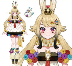 Rule 34 | 1girl, animal ears, anon non, black hair, blonde hair, character name, character sheet, commentary request, crown, dress, gradient hair, heart, heart-shaped pupils, highres, key hair ornament, loose socks, mini crown, multicolored hair, official art, papi (anon non), party popper hair ornament, platform footwear, playing card theme, prism project, purple eyes, rabbit ears, rabbit girl, rabbit tail, short dress, socks, strapless, strapless dress, symbol-shaped pupils, tail, two-tone hair, virtual youtuber, wrist cuffs, yuu (higashi no penguin)
