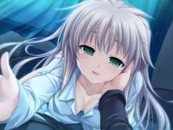 Rule 34 | 1girl, :d, alpha (yukai na nakamatachi), arisa crain femiluna, breasts, cleavage, collarbone, collared shirt, crying, crying with eyes open, downblouse, dress shirt, floating hair, game cg, green eyes, hair between eyes, hand on another&#039;s cheek, hand on another&#039;s face, indoors, long hair, long sleeves, looking at viewer, medium breasts, naked shirt, open mouth, shirt, silver hair, smile, tears, very long hair, w.l.o sekai ren&#039;ai kikou, white shirt, wing collar