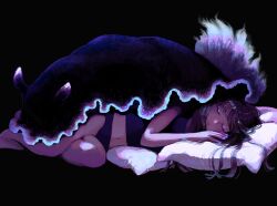Rule 34 | 1girl, absurdres, animal, black background, black panties, closed eyes, commentary request, facing viewer, feet out of frame, hair flowing over, hair spread out, hanio3, highres, long hair, lying, navel, on side, original, oversized animal, panties, parted lips, pillow, revision, sea slug, simple background, sleeping, solo, underwear, white nails