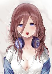 Rule 34 | 1girl, blue eyes, breasts, brown hair, cherry, cleavage, collarbone, commentary request, food, fruit, go-toubun no hanayome, hair between eyes, headphones, headphones around neck, highres, large breasts, long hair, looking at viewer, mouth hold, nakano miku, off shoulder, open clothes, open shirt, saya (mychristian2), shirt, solo, upper body, white shirt