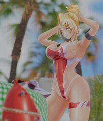 Rule 34 | 1girl, 3d, absurdres, action taimanin, alternate costume, alternate hairstyle, artist request, beach, blender (medium), blonde hair, breasts, breasts squeezed together, cameltoe, censored, curvy, day, earrings, emily simmons, hair bun, high ponytail, highleg, highleg swimsuit, highres, hoop earrings, jewelry, large breasts, lifeguard, official alternate costume, one-piece swimsuit, one-piece tan, ponytail, red one-piece swimsuit, sky, smile, solo, standing, sweat, swimsuit, taimanin (series), tan, tanline, thong one-piece swimsuit, wide hips