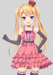 Rule 34 | 1girl, blonde hair, character request, crown, dress, elbow gloves, fang, frilled thighhighs, frills, gloves, hand on own hip, long hair, looking at viewer, ok-ray, open mouth, purple eyes, sleeveless, sleeveless dress, solo, thighhighs, twintails