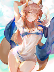 Rule 34 | 1girl, :3, animal ears, arm up, bikini, bikini top only, bikini under clothes, blue bikini, blush, breasts, brown eyes, brown hair, closed mouth, cowboy shot, fang, fang out, fate/grand order, fate (series), fox ears, fox tail, gluteal fold, hand on own chest, large breasts, long hair, looking at viewer, px2011, see-through, shirt, sidelocks, smile, solo, sparkle, swimsuit, swimsuit under clothes, tail, tamamo (fate), tamamo no mae (fate/extra), tamamo no mae (swimsuit lancer) (fate), tamamo no mae (swimsuit lancer) (second ascension) (fate), thigh gap, underboob, wet, wet clothes, wet shirt