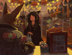 Rule 34 | 1girl, animal, animal ears, bag, beads, black hair, bow, broom, candle, candy, chandelier, chocolate, clock, clothed animal, coat, curly hair, doll, closed eyes, food, fox, ghost, halloween, hat, iwamoto zerogo, jack-o&#039;-lantern, kaitenroji, leaf, lights, lollipop, nose, open mouth, original, pastels, plant, pumpkin, refrigerator, ribbon, shelf, smile, soda, swirl lollipop, teeth, text focus, vines, whiskers, witch, witch hat