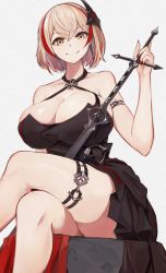 Rule 34 | 1girl, azur lane, black dress, blonde hair, breasts, choker, cleavage, cross, dress, earrings, feet out of frame, hair ornament, highres, holding, holding sword, holding weapon, iron cross, jewelry, large breasts, legs, looking at viewer, marshall k, multicolored hair, nail polish, official alternate costume, red hair, red nails, roon (azur lane), roon (dark red grin) (azur lane), short hair, smile, solo, streaked hair, sword, thigh strap, thighs, weapon, white background, yellow eyes