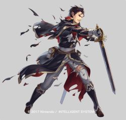 Rule 34 | 1boy, black hair, book, boots, brown eyes, capelet, company name, cuboon, fire emblem, fire emblem: thracia 776, fire emblem heroes, full body, gloves, grey background, male focus, official art, reinhardt (fire emblem), simple background, solo, sword, teeth, torn clothes, weapon