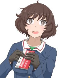 Rule 34 | 1girl, absurdres, akiyama yukari, black gloves, blue jacket, blush, brown eyes, brown hair, candy, chocolate, chocolate bar, commentary, destoroyar, english text, food, german text, girls und panzer, gloves, green shirt, highres, holding, holding food, jacket, long sleeves, looking at viewer, messy hair, military, military uniform, ooarai military uniform, open mouth, shirt, short hair, simple background, smile, solo, translation request, uniform, upper body, valentine, white background