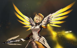 Rule 34 | 1girl, absurdres, armor, blonde hair, blue eyes, blurry, bodysuit, breasts, brown background, brown pantyhose, cowboy shot, depth of field, dirty, dirty clothes, dust, energy, faulds, glowing, glowing wings, hair tie, halo, head tilt, high ponytail, highres, holding, holding staff, kyung han kim, light particles, light rays, looking at viewer, mechanical halo, mechanical wings, medium breasts, mercy (overwatch), nose, outstretched hand, overwatch, overwatch 1, pantyhose, parted lips, pelvic curtain, pink lips, red lips, solo, spread wings, staff, swiss flag, white bodysuit, wings, yellow wings