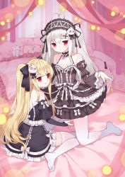 Rule 34 | &gt; &lt;, 2girls, :q, absurdres, ahoge, bare shoulders, black bow, black ribbon, black shirt, black sleeves, blonde hair, blouse, blush, bow, breasts, chinese commentary, closed mouth, clothes lift, collarbone, detached sleeves, dress, dress lift, feet, frilled pillow, frilled sleeves, frills, gothic lolita, hair between eyes, hair bow, hair ornament, hair ribbon, hairband, hairclip, heart, heart ahoge, highres, incest, kneeling, lolita fashion, lolita hairband, long hair, long sleeves, medium breasts, multiple girls, nose blush, original, parted lips, pillow, red eyes, ribbon, shirt, siblings, silver hair, sisters, sitting, smile, sweat, thighhighs, tokisaki asaba (niliu chahui), tokisaki mio (niliu chahui), tongue, tongue out, tsubasa tsubasa, two side up, very long hair, wariza, white bow, white legwear, wide sleeves, x hair ornament, yuri