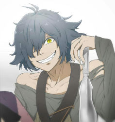 Rule 34 | 10s, 1boy, bare shoulders, blue hair, grin, hans humpty, knife, looking at viewer, mai-, male focus, one eye covered, rokka no yuusha, smile, solo, teeth, yellow eyes
