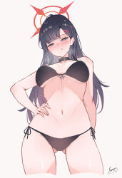 Rule 34 | 1girl, bare arms, bare legs, bare shoulders, bikini, black bikini, black choker, black hair, blue archive, blush, breasts, choker, closed mouth, cowboy shot, cropped legs, gluteal fold, grey background, grey eyes, hair ornament, hairclip, halo, hand on own hip, highres, ichika (blue archive), large breasts, long hair, navel, red halo, sea nami, side-tie bikini bottom, signature, simple background, smile, solo, swimsuit, tongue, tongue out