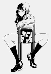 Rule 34 | 1girl, callan (callancoe), chair, closed mouth, full body, greyscale, kantai collection, kitakami (kancolle), kneehighs, loafers, long hair, long sleeves, looking at viewer, monochrome, one eye closed, shoes, sidelocks, signature, simple background, sitting, sitting backwards, skirt, socks, solo