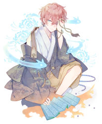 Rule 34 | 1boy, beads, blue eyes, closed mouth, flower, full body, hand over eye, highres, indian style, japanese clothes, kuroyuki, long sleeves, male focus, off shoulder, one eye covered, original, paper, pink hair, short hair, sitting, sleeves past wrists, solo, spider lily, spirit, tabi, tassel, white background