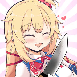 Rule 34 | 1girl, :3, akai haato, akai haato (1st costume), blonde hair, breasts, closed eyes, fang, hair ornament, heart, heart hair ornament, holding, holding knife, hololive, kitchen knife, knife, large breasts, matarou (matarou072), one side up, open mouth, portrait, smile, solo, virtual youtuber