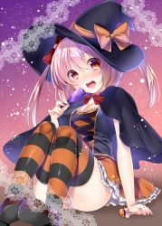 Rule 34 | 1girl, black hat, black thighhighs, blush, bow, breasts, cleavage, hair bow, halloween, haruse meio, hat, hat bow, hat ribbon, large breasts, long hair, looking at viewer, multicolored clothes, multicolored legwear, open mouth, orange bow, orange ribbon, orange thighhighs, original, pink hair, red bow, red eyes, ribbon, smile, solo, striped clothes, striped thighhighs, thighhighs, witch hat