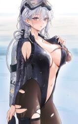 Rule 34 | 1girl, ame (uten cancel), animal, animal on chest, armpit cutout, azur lane, black wetsuit, breasts, clothing cutout, collarbone, commentary, cowboy shot, day, enterprise (azur lane), enterprise (diving under blue skies) (azur lane), from side, goggles, goggles on head, grey hair, hair between eyes, highres, holding, large breasts, long hair, looking at viewer, octopus, official alternate costume, open wetsuit, outdoors, parted lips, pouch, purple eyes, scuba tank, thigh pouch, water, wet, zipper pull tab
