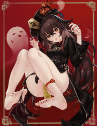 Rule 34 | 1girl, :p, absurdres, ankle strap, barefoot, black jacket, black nails, breasts, brown hair, chinese clothes, coattails, feet, flower, full body, genshin impact, ghost, ghost pose, hair between eyes, hands up, hat, hat flower, highres, hu tao (genshin impact), jacket, jewelry, knees together feet apart, knees up, legs, long hair, multiple rings, nail polish, no pants, porkpie hat, red eyes, ring, sawkm, small breasts, soles, solo, star-shaped pupils, star (symbol), symbol-shaped pupils, tassel, thighs, toes, tongue, tongue out, twintails, very long hair, wide sleeves