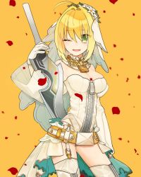 Rule 34 | 10s, 1girl, ;d, aestus estus, ahoge, bad id, bad pixiv id, bare shoulders, belt, blonde hair, blush, breasts, cleavage, commentary request, detached sleeves, fate/extra, fate/extra ccc, fate (series), flower, full-length zipper, gloves, green eyes, hair intakes, head wreath, highres, holding, holding sword, holding weapon, leotard, lock, long sleeves, loose belt, medium breasts, nero claudius (bride) (fate), nero claudius (bride) (second ascension) (fate), nero claudius (fate), nero claudius (fate) (all), one eye closed, open mouth, orange background, padlock, petals, rose petals, sidelocks, simple background, smile, solo, strapless, strapless leotard, sword, torn clothes, uninu, veil, weapon, white flower, white gloves, white legwear, white leotard, wide sleeves, zipper