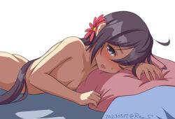 Rule 34 | 1girl, akebono (kancolle), bed, breasts, cowboy shot, flower, hair flower, hair ornament, kantai collection, long hair, lying, nude, on stomach, one-hour drawing challenge, one eye closed, pillow, purple eyes, purple hair, ray.s, school uniform, serafuku, side ponytail, simple background, small breasts, solo, very long hair, white background