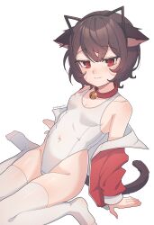 Rule 34 | 1girl, absurdres, animal ear hairband, animal ears, bell, breasts, brown hair, cat ear hairband, cat ears, cat tail, collar, collarbone, commission, fake animal ears, hairband, highleg, highleg swimsuit, highres, jingle bell, looking at viewer, mole, mole on breast, mole on thigh, mole under eye, one-piece swimsuit, original, prunechi, red eyes, second-party source, short hair, sitting, small breasts, smile, solo, swimsuit, tail, thighhighs, v burger103, wariza, white one-piece swimsuit, white thighhighs