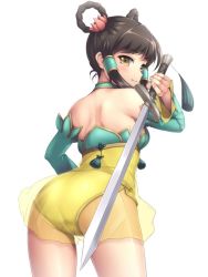 Rule 34 | 1girl, back, bad id, bad twitter id, bare shoulders, black hair, brown eyes, cowboy shot, detached sleeves, from behind, hair ornament, hair rings, hair tubes, holding, holding sword, holding weapon, looking at viewer, looking back, mochi.f, shoulder blades, simple background, smile, solo, soul calibur, sword, weapon, white background, yan leixia