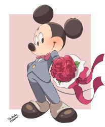 1boy alternate_costume animal_ears bouquet bow bowtie disney flower gloves highres holding holding_bouquet looking_at_viewer mickey_mouse mouse_boy mouse_ears mouse_tail natsuki_nori red_bow rose shirt smile solo tail