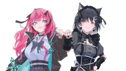 Rule 34 | 2girls, ahoge, animal ear fluff, animal ears, aqua butterfly, aqua jacket, aqua nails, arisaki (cnxy7525), arm belt, arm warmers, belt, belt buckle, black belt, black bow, black bowtie, black collar, black dress, black hair, black jacket, black nails, black ribbon, blue bow, blue bowtie, blue eyes, blue skirt, bow, bow earrings, bowtie, breast pocket, buckle, bug, butterfly, cat ears, center frills, checkered clothes, checkered skirt, cleavage cutout, clothing cutout, collar, collared jacket, collared shirt, colored inner hair, corset, dress, earrings, eyes visible through hair, facing viewer, fist bump, floating hair, frills, frown, gothic lolita, grin, hair ornament, hair over one eye, hair ribbon, hairclip, hand on own hip, headset, hexagon hair ornament, high-waist skirt, high belt, highres, himeragi ageha, insect, jacket, jewelry, lolita fashion, long sleeves, looking at another, looking to the side, maid headdress, microphone, mitsurugi lia, mole, mole under mouth, multicolored hair, multiple belts, multiple girls, multiple rings, o-ring, pink hair, pleated skirt, pocket, power symbol, puffy short sleeves, puffy sleeves, purple hair, red eyes, ribbon, ring, shirt, short sleeves, simple background, skirt, smile, streaked hair, two-sided fabric, two side up, underbust, virtual youtuber, wactor production, white background, white hair, white ribbon, white shirt, wing collar