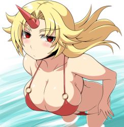 Rule 34 | 1girl, bad id, bad pixiv id, bent over, bikini, blonde hair, blush, breasts, cleavage, clothes pull, female focus, horns, hoshiguma yuugi, huge breasts, kara age, large breasts, long hair, ocean, one-piece swimsuit pull, outdoors, panties, panty pull, red eyes, single horn, skindentation, solo, swimsuit, touhou, underwear, undressing