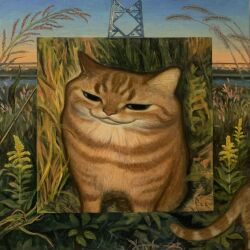 Rule 34 | animal, animal focus, blue sky, cat, closed mouth, commentary request, evening, gradient background, highres, karin hosono, looking at viewer, nature, no humans, orange cat, orange sky, original, outdoors, painting (medium), painting (object), realistic, sitting, sky, traditional media