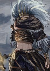 Rule 34 | 1other, absurdres, androgynous, armor, bangle, bracelet, brown scarf, crown, dark souls (series), dark souls iii, gold armor, gold headwear, grey hair, highres, jewelry, long hair, looking at viewer, miao jiangyou, midriff, nameless king, navel, polearm, scarf, solo, spiked helmet, weapon, yellow eyes