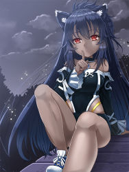 Rule 34 | 00s, 1girl, :o, animal ears, arm at side, bare legs, black dress, black hair, blue footwear, blue gemstone, blue hair, cat ears, cloud, cloudy sky, dark-skinned female, dark skin, detached collar, dress, dungeon and fighter, eyebrows, finger to mouth, gem, index finger raised, jewelry, knee up, lhu (barappra1), long hair, long sleeves, looking at viewer, no legwear, outdoors, parted lips, pendant, red eyes, ribbon, shoelaces, shoes, shushing, silhouette, sitting, sky, sneakers, solo, thong, tsurime, very long hair, white ribbon, wooden floor