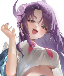 Rule 34 | 1girl, blue archive, blush, breasts, eyeliner, fang, flower, hair flower, hair ornament, halo, haori, highres, hisiya (wldn1112), japanese clothes, large breasts, long hair, looking at viewer, makeup, neckerchief, open mouth, purple eyes, purple flower, purple hair, purple halo, red eyeliner, red neckerchief, simple background, skin fang, solo, underboob, upper body, white background, yukari (blue archive)