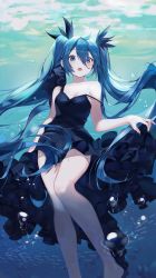 Rule 34 | 1girl, ahoge, bare shoulders, blue dress, blue eyes, blue hair, blush, breasts, bubble, buri (retty9349), cleavage, collarbone, dress, feet out of frame, floating, floating hair, green eyes, hair between eyes, hair ribbon, hatsune miku, highres, long hair, looking at viewer, nail polish, open mouth, ribbon, shinkai shoujo (vocaloid), sleeveless, small breasts, solo, strap slip, thighs, twintails, underwater, very long hair, vocaloid, water