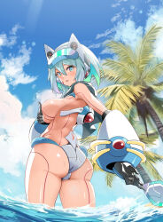 Rule 34 | 1girl, ass, beach, blue eyes, breasts, covering breasts, covering privates, highres, ico (megaman x dive), large breasts, looking at viewer, looking back, mega man (series), mega man x (series), mega man x dive, popo (popo0cat), sideboob, solo, swimsuit, tagme, thighs, topless, unworn bikini top, water