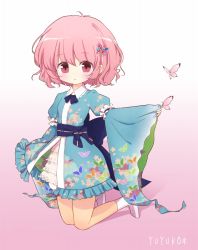 Rule 34 | 1girl, adapted costume, blush, bug, butterfly, butterfly hair ornament, child, female focus, hair ornament, insect, japanese clothes, kneeling, pink eyes, pink hair, saigyouji yuyuko, short hair, smile, socks, solo, tona (nekotte), touhou, white socks