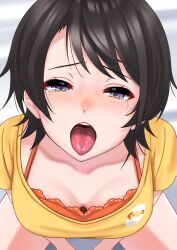 Rule 34 | 1girl, black hair, blue eyes, blush, breasts, collarbone, highres, hololive, large breasts, looking at viewer, official alternate costume, oozora subaru, oozora subaru (loungewear), open mouth, short hair, short sleeves, solo, swept bangs, tears, thighs, tongue, tongue out, virtual youtuber, zabudog777