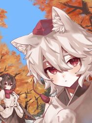 Rule 34 | 2girls, animal ear fluff, animal ears, autumn, autumn leaves, bird wings, black skirt, black wings, blush, brown hair, buttons, closed mouth, commentary request, detached sleeves, hat, highres, inubashiri momiji, long sleeves, looking at viewer, miyuf 1, multiple girls, outdoors, pom pom (clothes), red eyes, red hat, red scarf, scarf, shameimaru aya, shirt, short hair, skirt, tokin hat, touhou, tree, white hair, white shirt, wings, wolf ears