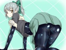 Rule 34 | 1girl, all fours, aqua background, ass, ayuayu (shouyu no sato), bent over, black bodysuit, bodysuit, bodysuit under clothes, bow, brown eyes, female focus, flat chest, green bow, grey hair, hair bow, hip focus, huge ass, kantai collection, kneeling, latex, long hair, looking at viewer, looking back, midriff, ponytail, sidelocks, skin tight, solo, thick thighs, thighs, wide hips, yuubari (kancolle)