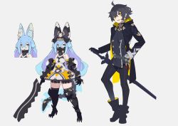 Rule 34 | absurdres, ahoge, animal ear fluff, animal ears, armor, bare shoulders, belt, black hair, black legwear, blue eyes, blue hair, boots, clawed gauntlets, coat, concept art, dress, fang, gauntlets, gloves, greaves, grey background, hair between eyes, hajime (hajime-ill-1st), hand on own hip, highres, holding, holding sword, holding weapon, long hair, mask, mechanical tail, mouth mask, multicolored coat, original, parted lips, pointy ears, silhouette, simple background, sleeves past wrists, standing, sword, tail, thighhighs, turtleneck, two-tone coat, vambraces, weapon, white gloves, yellow eyes