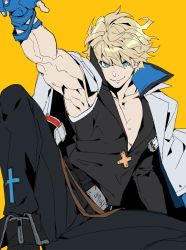 Rule 34 | 1boy, absurdres, arm up, armpits, bare pectorals, belt, belt buckle, blonde hair, blue eyes, blue gloves, bracelet, buckle, closed mouth, coat, coat on shoulders, collarbone, cross, english text, fingerless gloves, fingernails, flat color, gloves, guilty gear, guilty gear strive, hair between eyes, highres, jewelry, ky kiske, looking at viewer, makai, male focus, muscular, pectorals, simple background, sitting, sketch, smile, solo, unfinished, white coat, yellow background, zipper