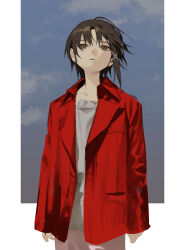 Rule 34 | 1girl, absurdres, arms at sides, blue sky, border, brown eyes, brown hair, cloud, commentary, hair ornament, hair ribbon, highres, iwakura lain, jacket, long sleeves, open clothes, open jacket, parted lips, pink skirt, red jacket, ribbon, romaji commentary, serial experiments lain, shirt, single sidelock, skirt, sky, sleeves past wrists, solo, standing, temu (tem27), white border, white ribbon, white shirt, wind, x hair ornament