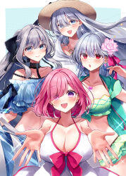 Rule 34 | 4girls, absurdres, anastasia (fate), anastasia (swimsuit archer) (fate), anastasia (swimsuit archer) (first ascension) (fate), bare shoulders, bikini, black bow, blue bikini, blue dress, blue eyes, blush, bow, braid, braided ponytail, breasts, choker, cleavage, collarbone, dress, dress swimsuit, earrings, fate/grand order, fate (series), flower, french braid, green bikini, green vest, grey hair, hair bow, hair flower, hair ornament, hair over one eye, hair ribbon, hat, highres, hood, hooded vest, hoodie, jewelry, kama (fate), kama (swimsuit avenger) (fate), kama (swimsuit avenger) (second ascension) (fate), large breasts, long hair, looking at viewer, lotus, mash kyrielight, mash kyrielight (swimsuit of perpetual summer), misaki346, morgan le fay (fate), morgan le fay (jade hairpin) (fate), multiple girls, navel, necklace, open mouth, outstretched arms, pendant, pink hair, ponytail, purple eyes, red eyes, ribbon, short hair, sidelocks, smile, sparkle, straw hat, swimsuit, very long hair, vest, white hair, white swimsuit