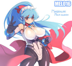 Rule 34 | 1girl, blue hair, bodysuit, bow, breasts, elbow gloves, fighting stance, gloves, hair bow, large breasts, long hair, maid headdress, mel/a, melmaid, original, pantyhose, ponytail, red eyes, revision, sidelocks, solo