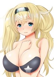 Rule 34 | 1girl, arm up, blonde hair, blue eyes, blush, bra, breasts, gambier bay (kancolle), hair between eyes, hairband, hifumi kei, highres, kantai collection, large breasts, long hair, simple background, solo, twintails, underwear